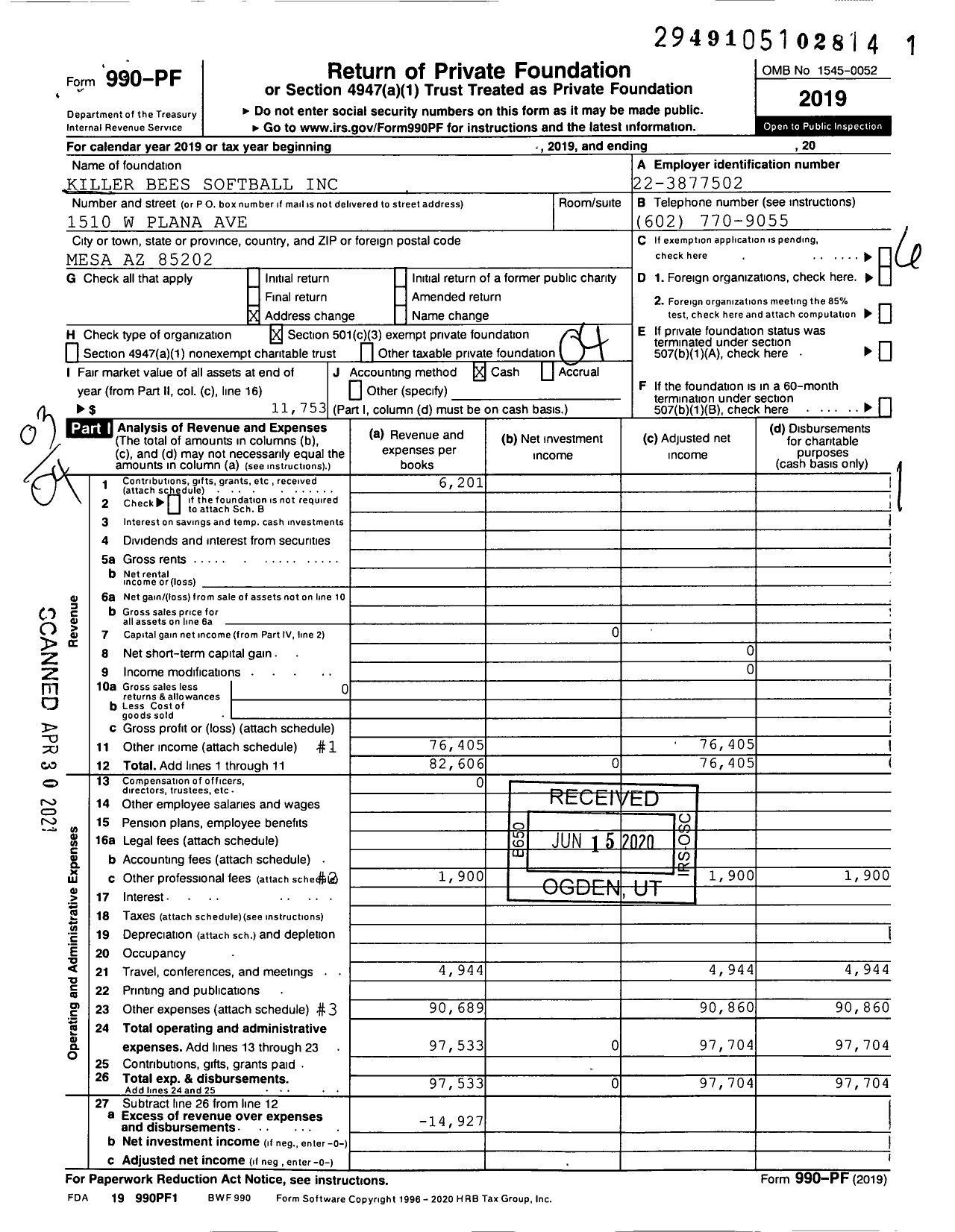 Image of first page of 2019 Form 990PF for Killer Bees Softball