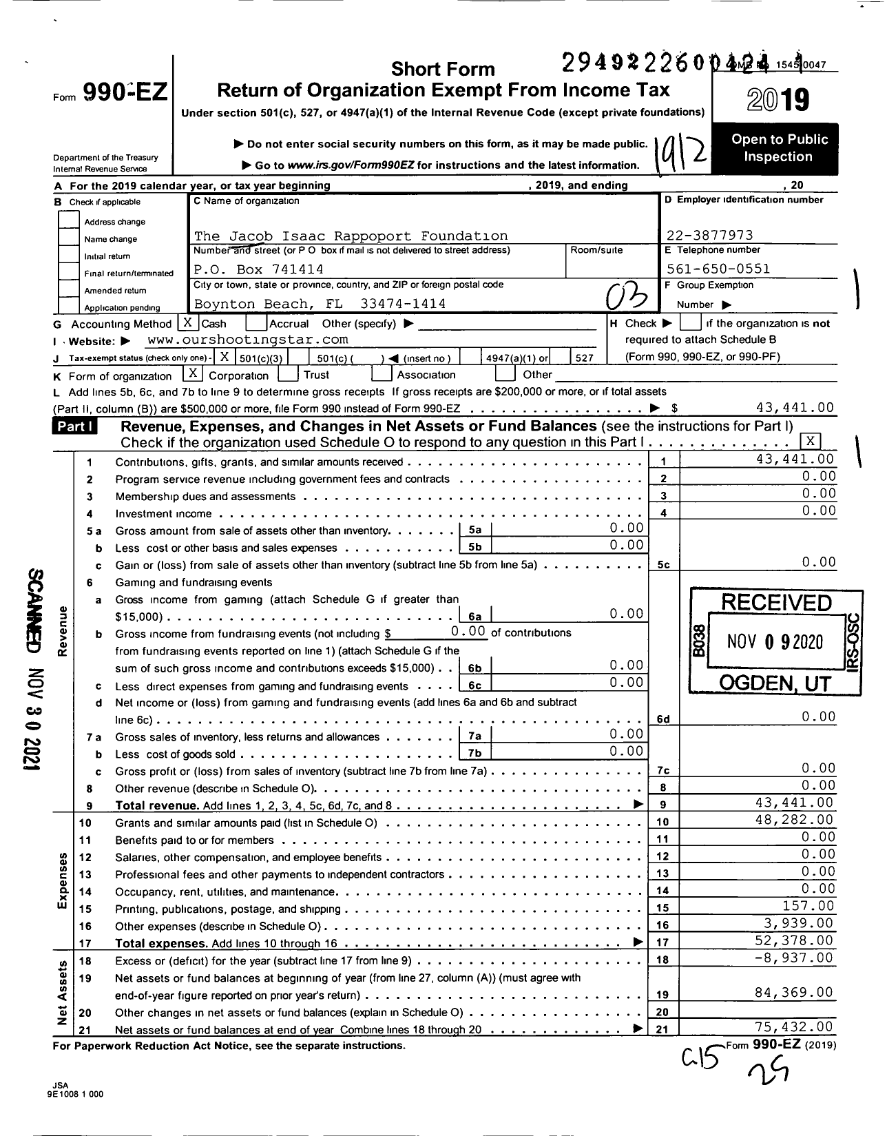 Image of first page of 2019 Form 990EZ for Jacob Isaac Rappoport Foundation