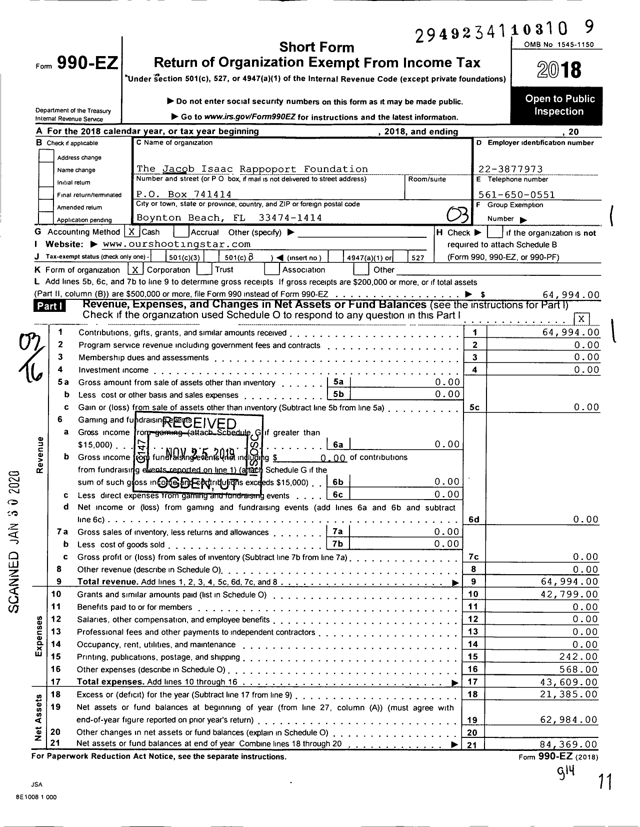 Image of first page of 2018 Form 990EZ for Jacob Isaac Rappoport Foundation