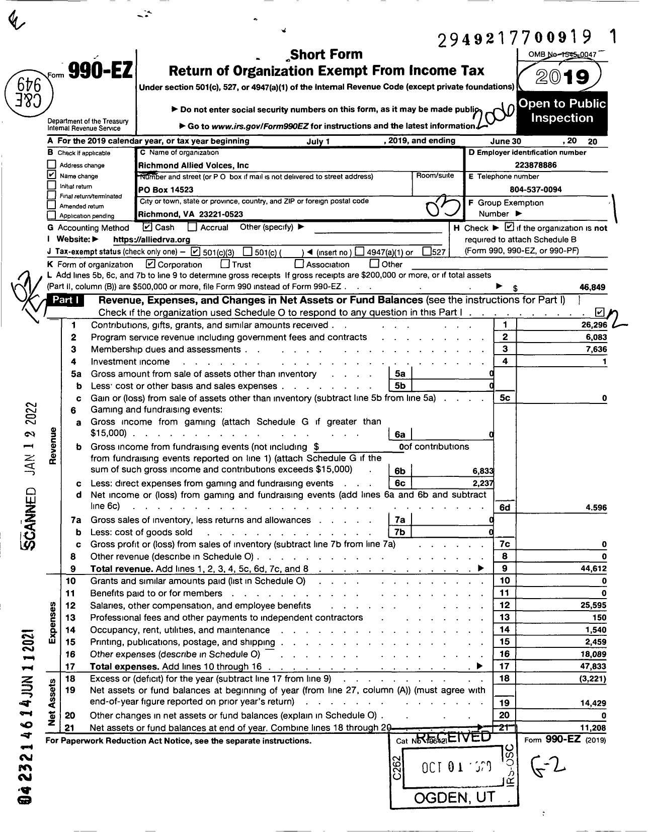 Image of first page of 2019 Form 990EZ for Richmond Allied Voices Incorporated