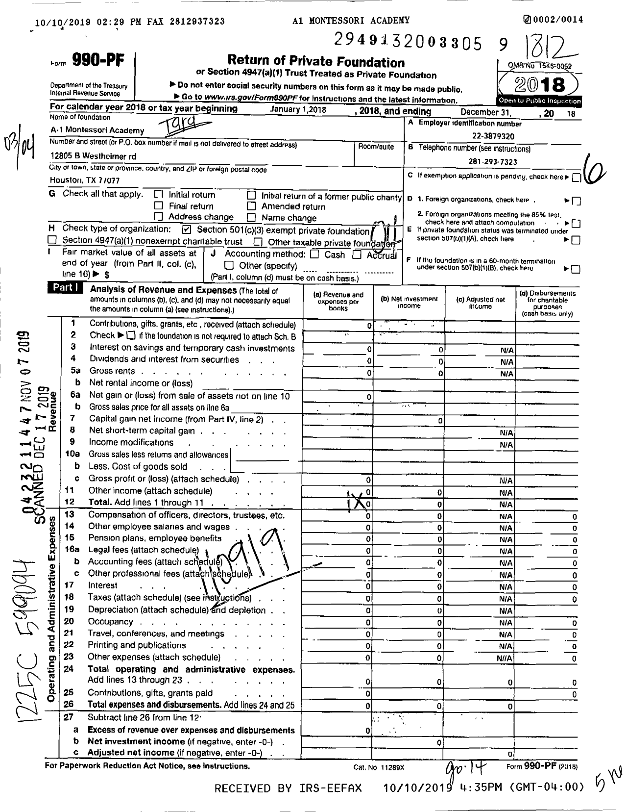 Image of first page of 2018 Form 990PF for A-1 Montessori Academy