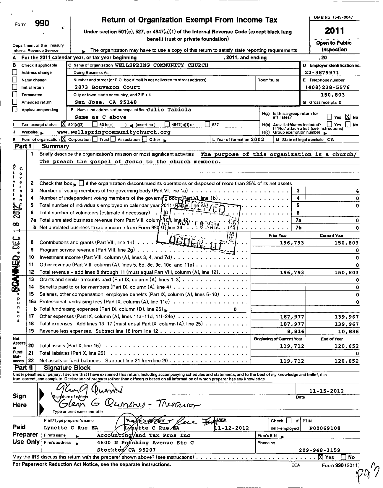 Image of first page of 2011 Form 990 for Wellspring Community Church