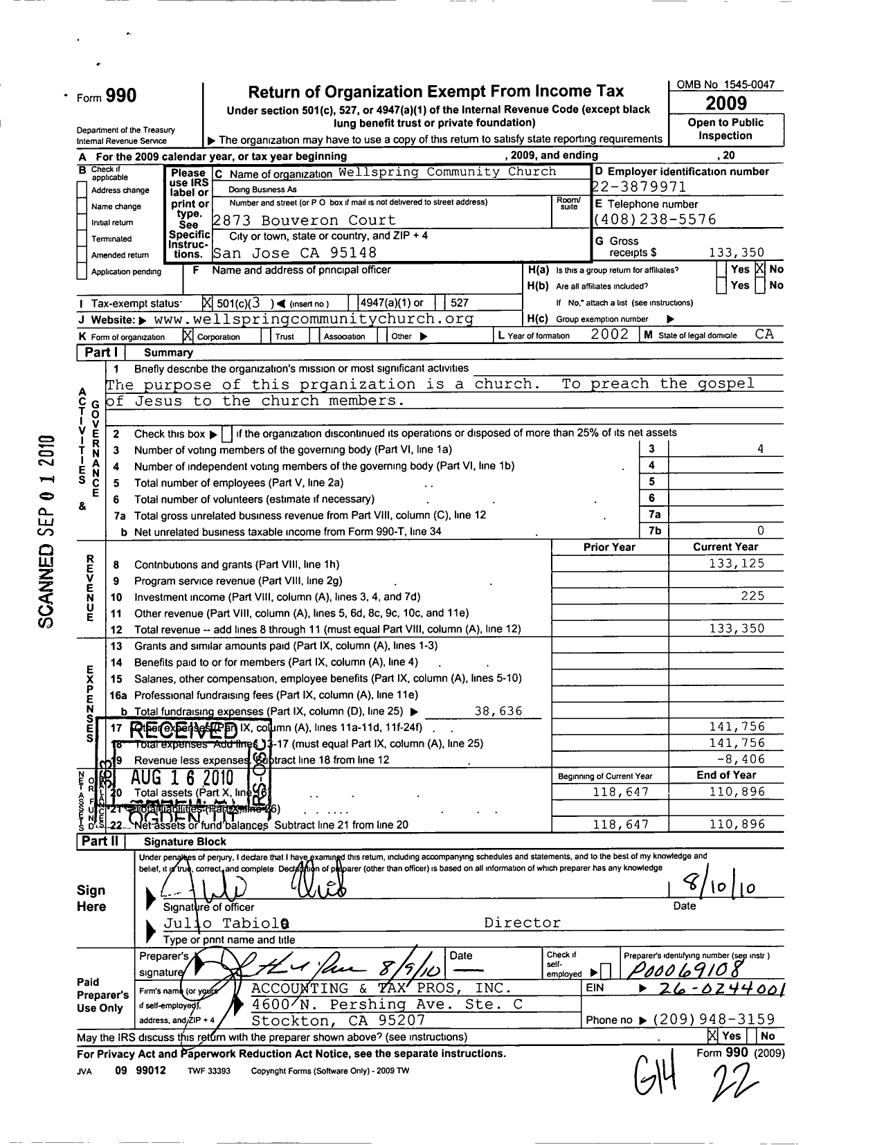 Image of first page of 2009 Form 990 for Wellspring Community Church
