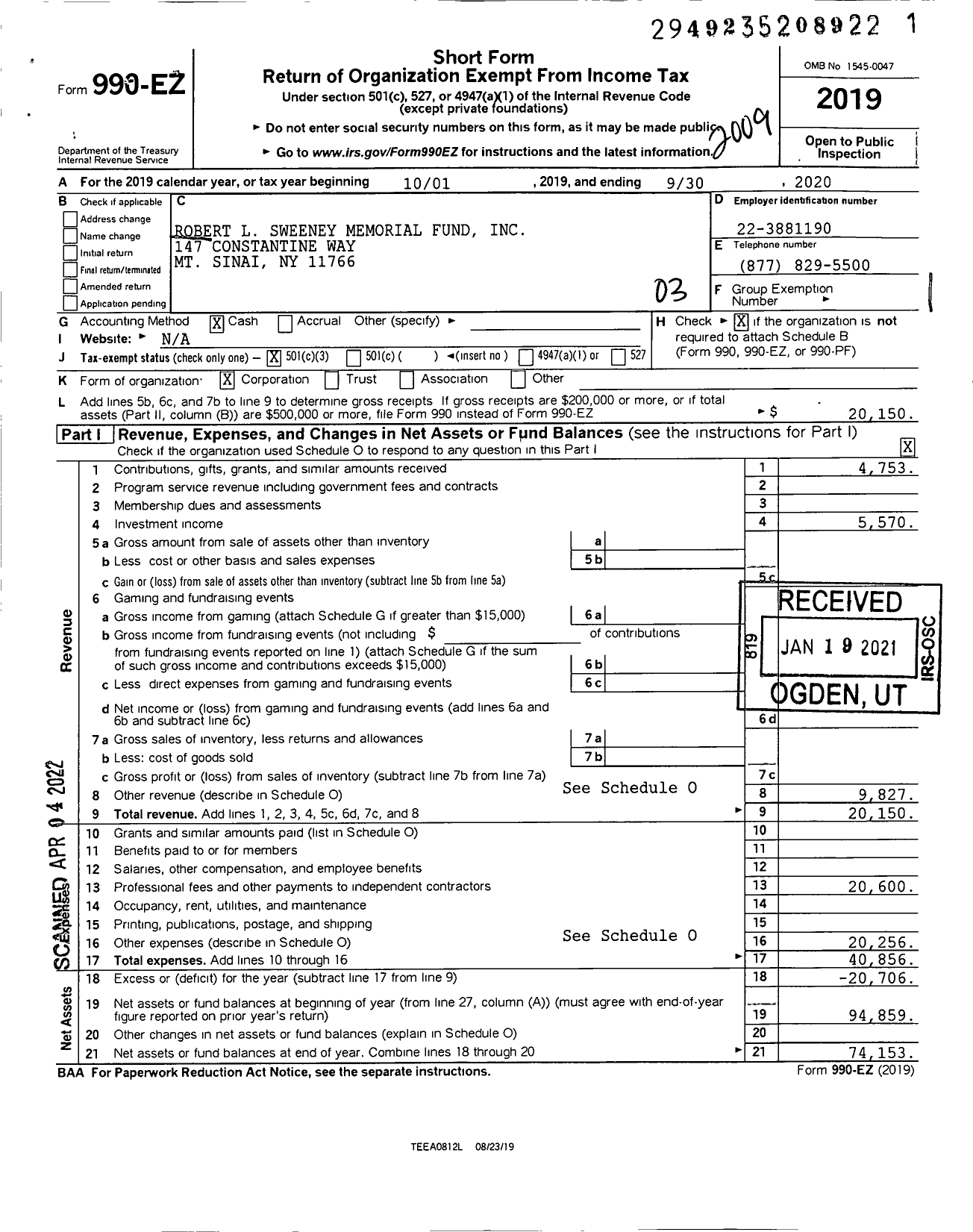 Image of first page of 2019 Form 990EZ for Robert L Sweeney Memorial Fund