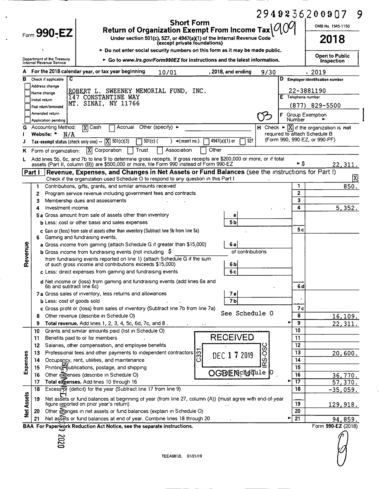 Image of first page of 2018 Form 990EZ for Robert L Sweeney Memorial Fund