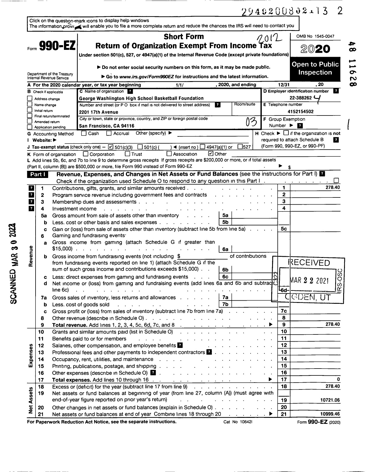 Image of first page of 2020 Form 990EZ for George Washington High School Foundation