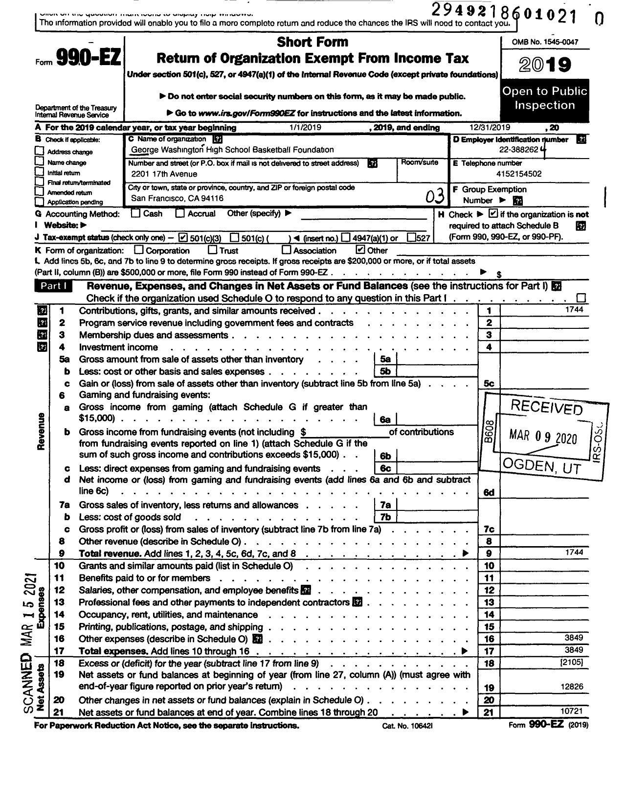 Image of first page of 2019 Form 990EZ for George Washington High School Foundation