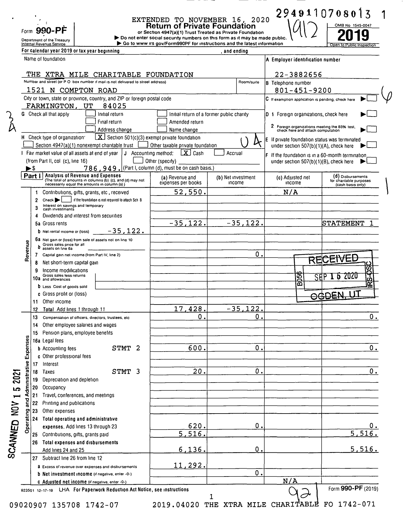 Image of first page of 2019 Form 990PF for The Xtra Mile Charitable Foundation