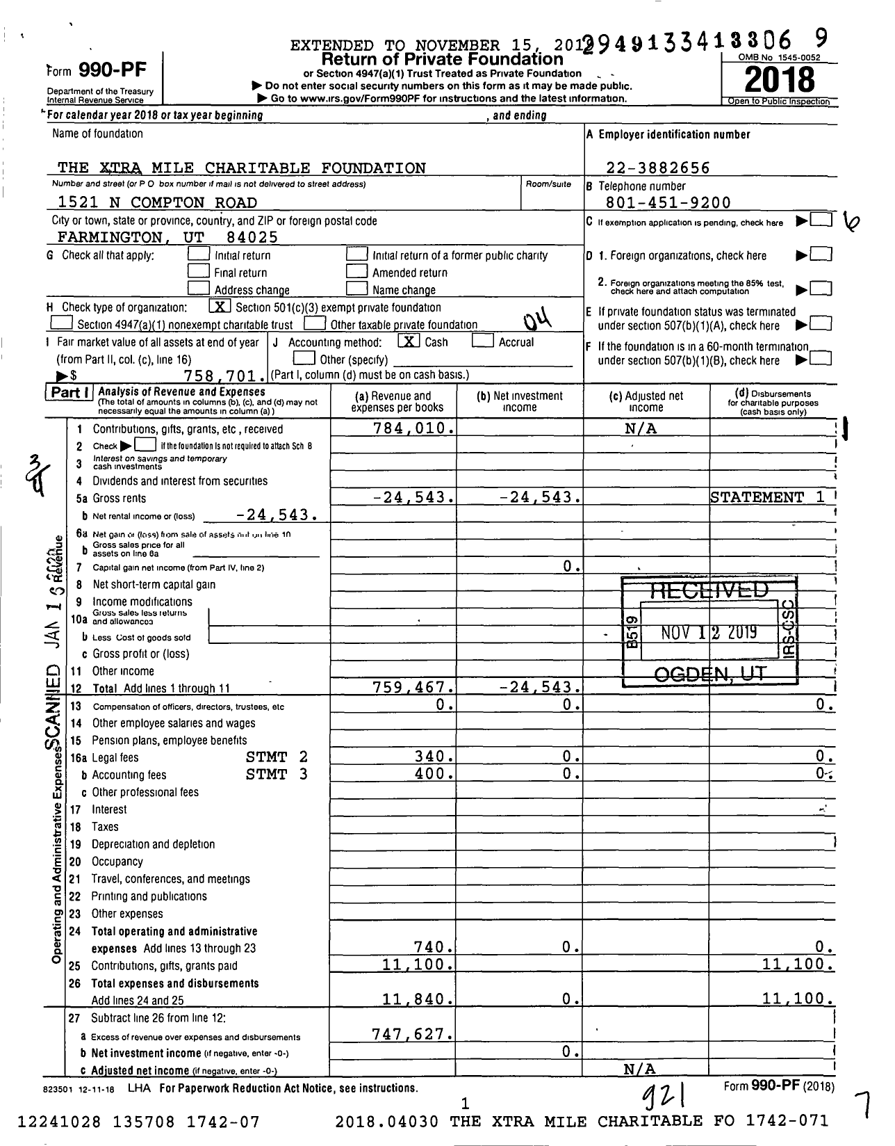 Image of first page of 2018 Form 990PF for The Xtra Mile Charitable Foundation