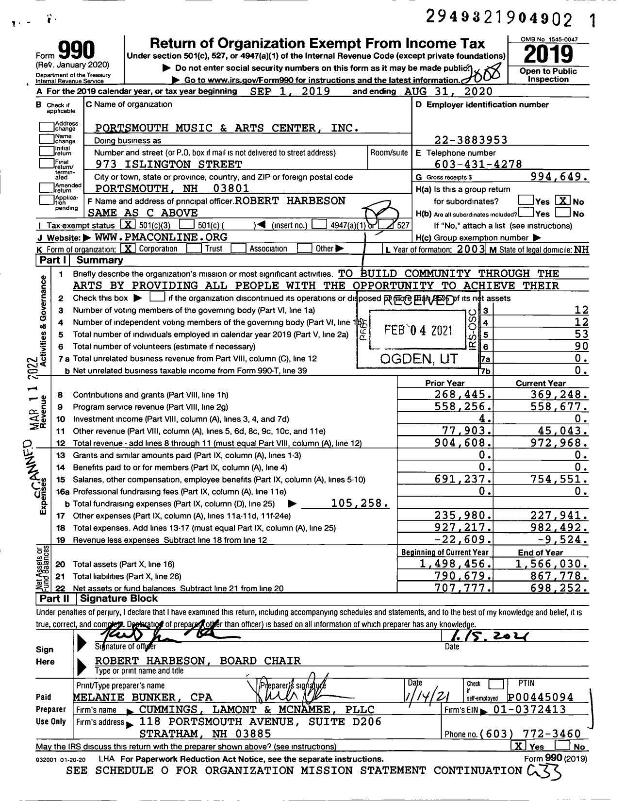Image of first page of 2019 Form 990 for Portsmouth Music and Arts Center
