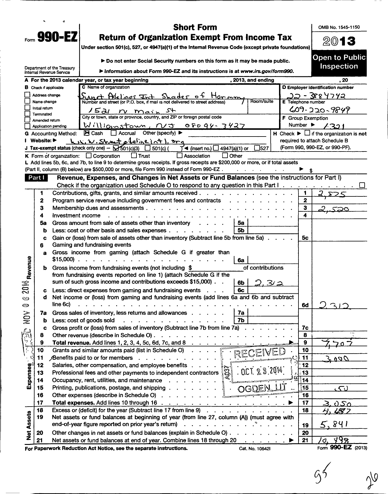 Image of first page of 2013 Form 990EZ for Sweet Adelines International - Shades of Harmony