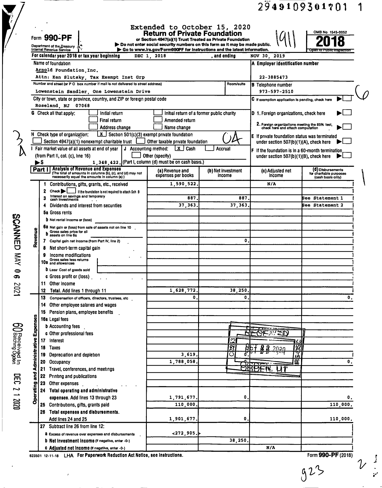 Image of first page of 2018 Form 990PF for Arnold Foundation