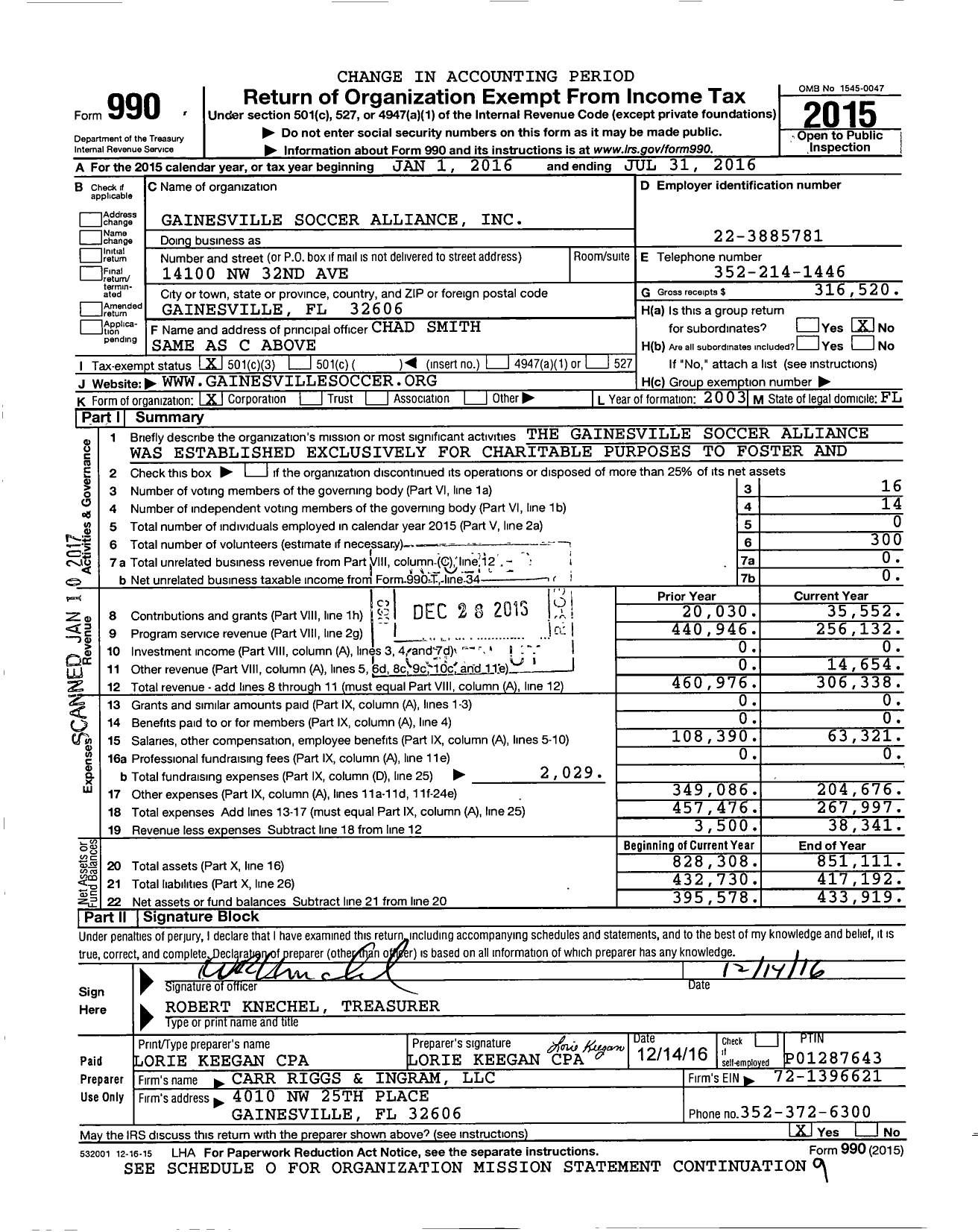 Image of first page of 2015 Form 990 for Gainesville Soccer Alliance (GSA)