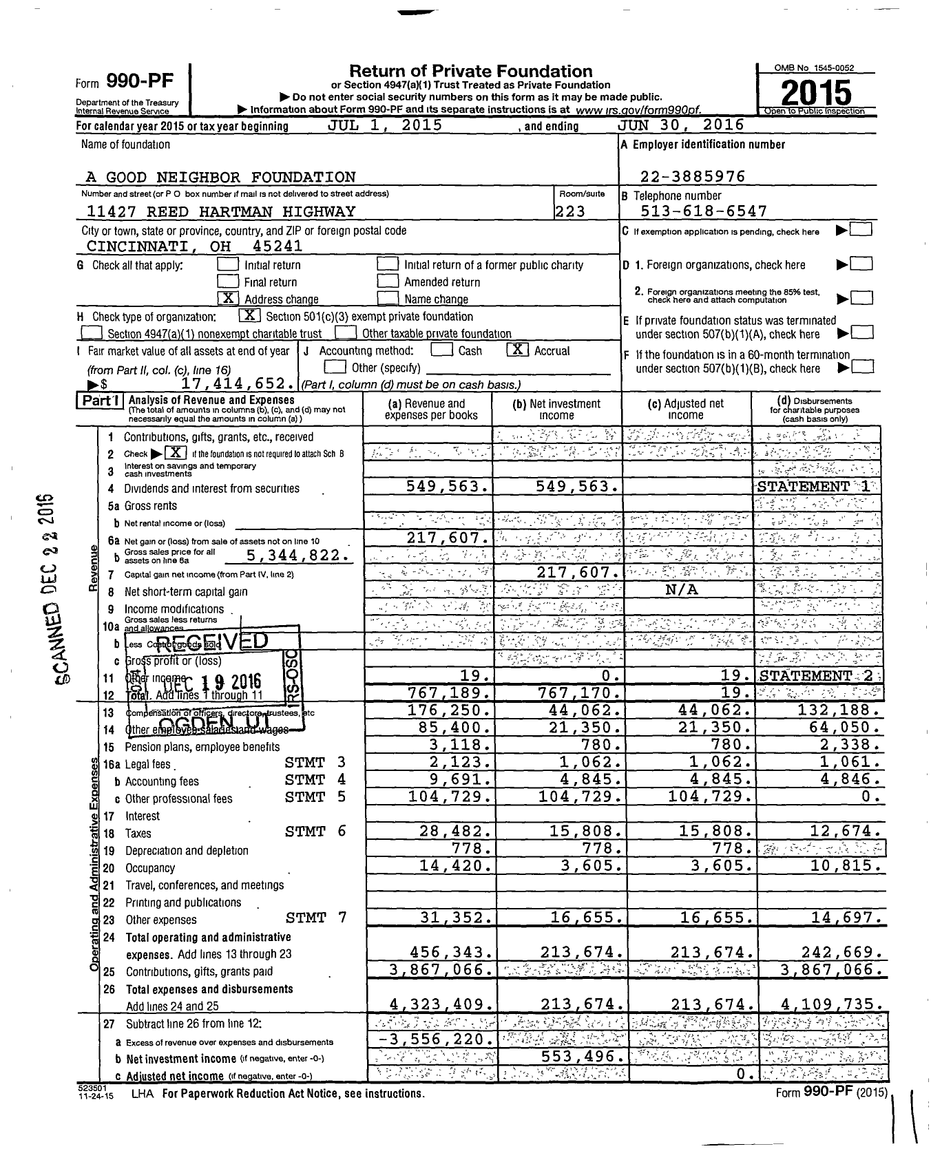 Image of first page of 2015 Form 990PF for A Good Neighbor Foundation