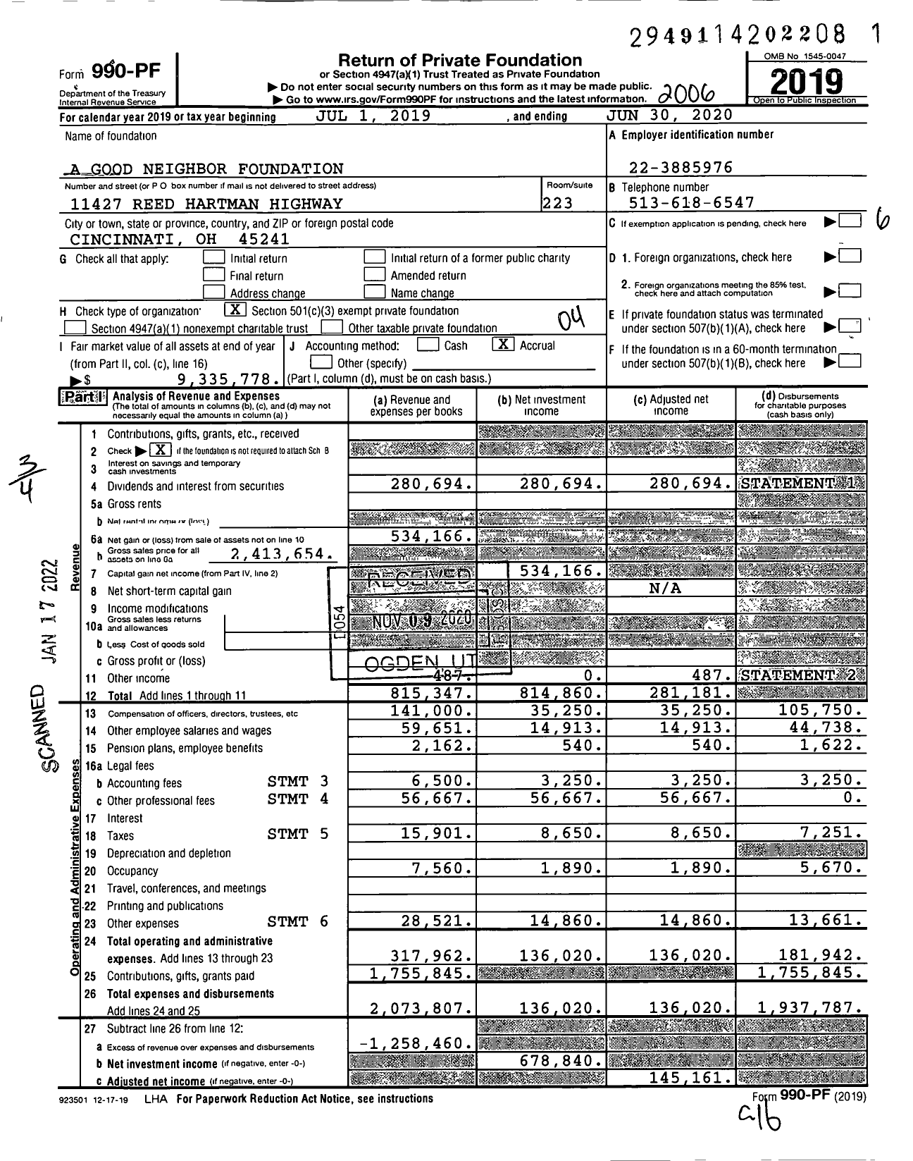 Image of first page of 2019 Form 990PF for A Good Neighbor Foundation