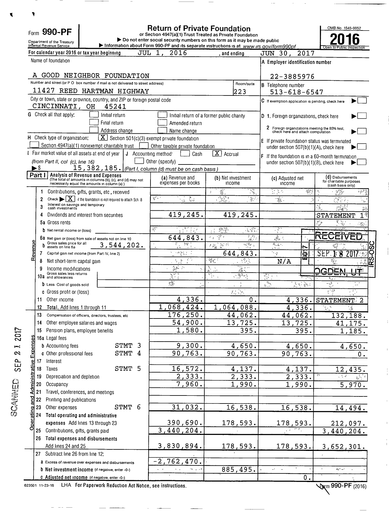 Image of first page of 2016 Form 990PF for A Good Neighbor Foundation