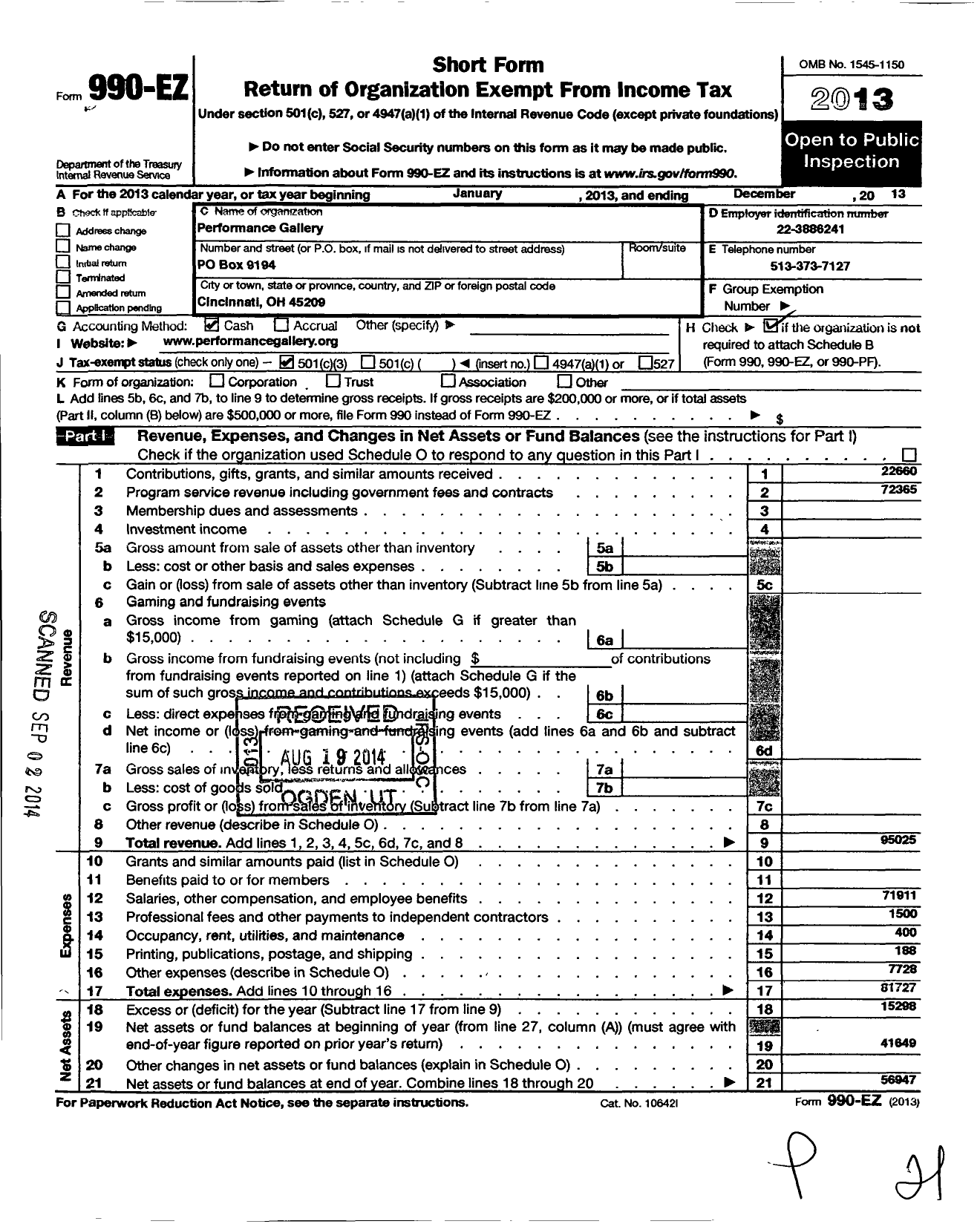 Image of first page of 2013 Form 990EZ for Performance Gallery