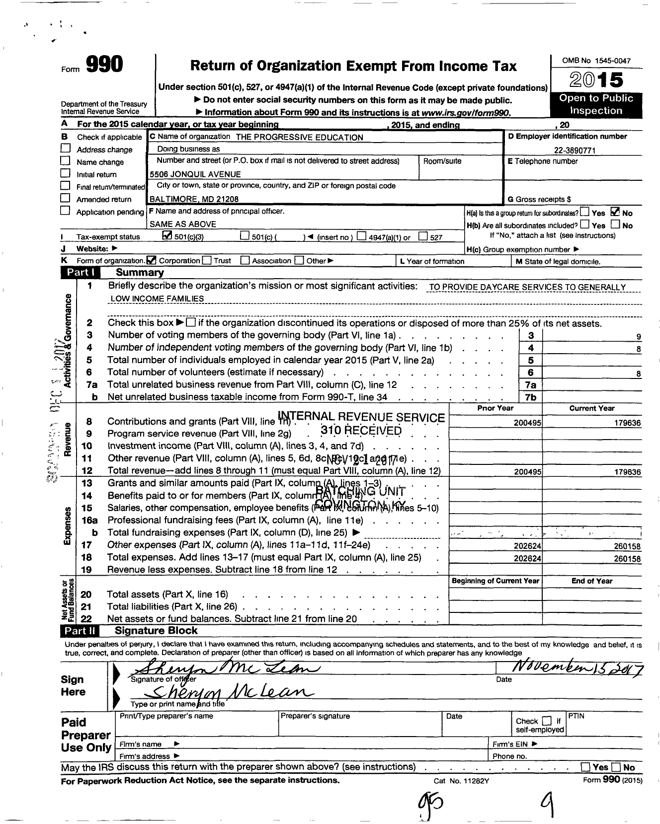 Image of first page of 2015 Form 990 for The Progressive Education Center I