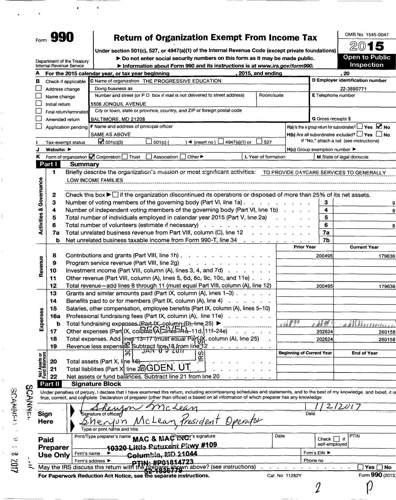 Image of first page of 2015 Form 990 for The Progressive Education Center I