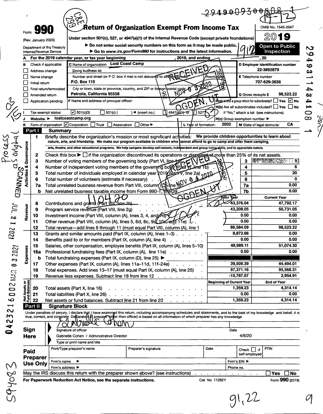 Image of first page of 2019 Form 990 for Lost Coast Camp