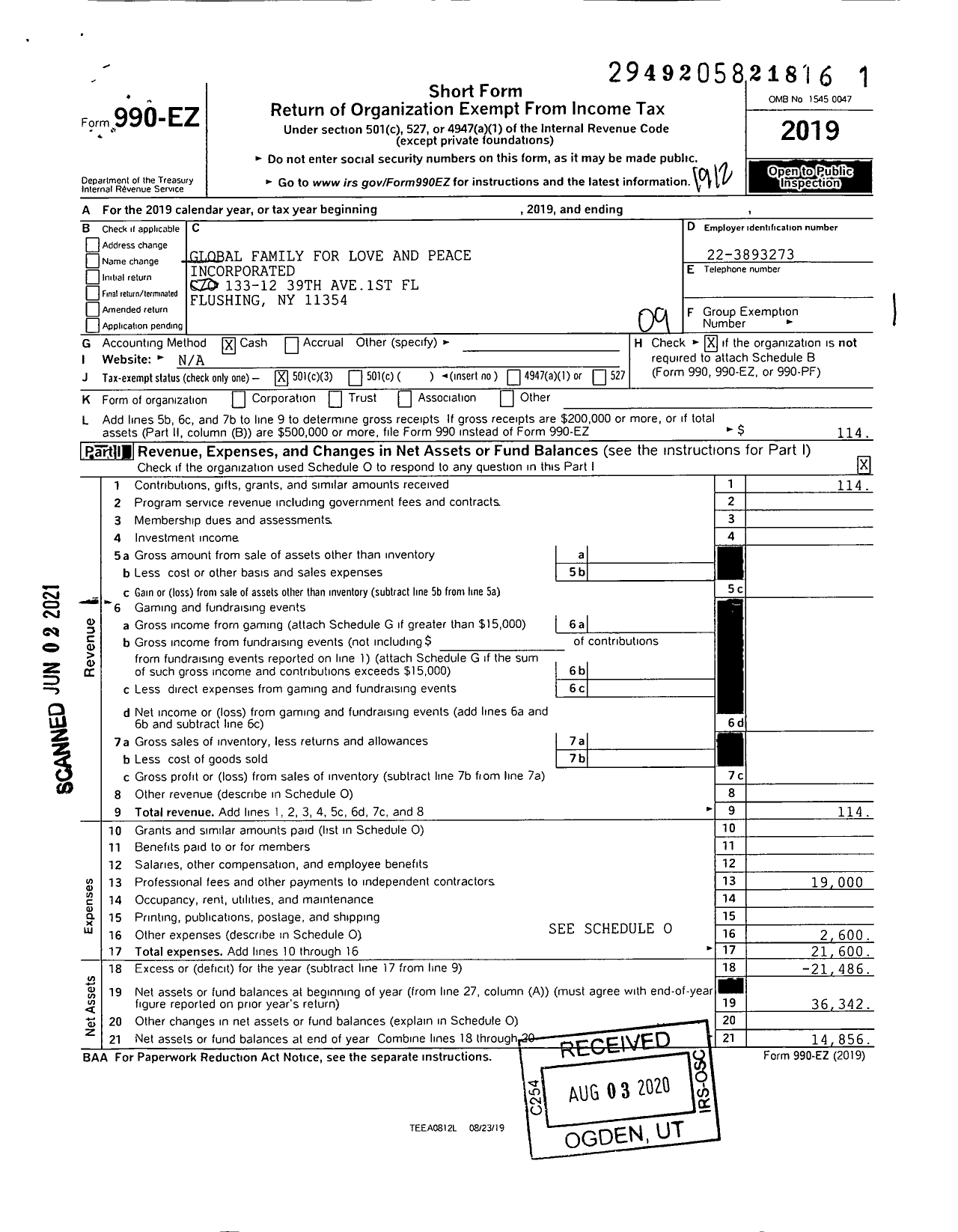 Image of first page of 2019 Form 990EO for Global Family for Love and Peace Incorporated