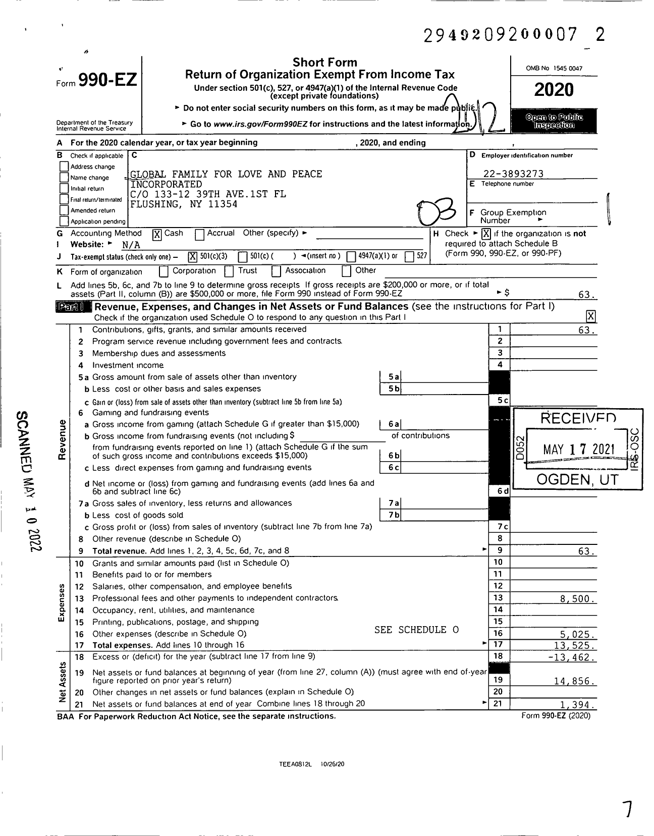 Image of first page of 2020 Form 990EZ for Global Family for Love and Peace Incorporated