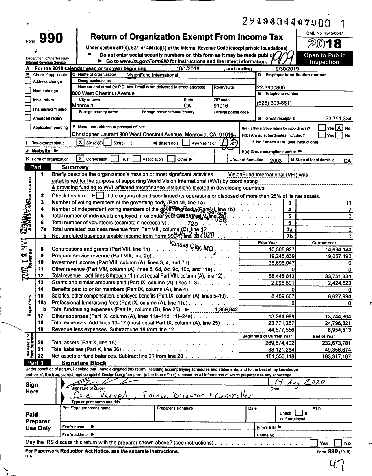 Image of first page of 2018 Form 990 for VisionFund