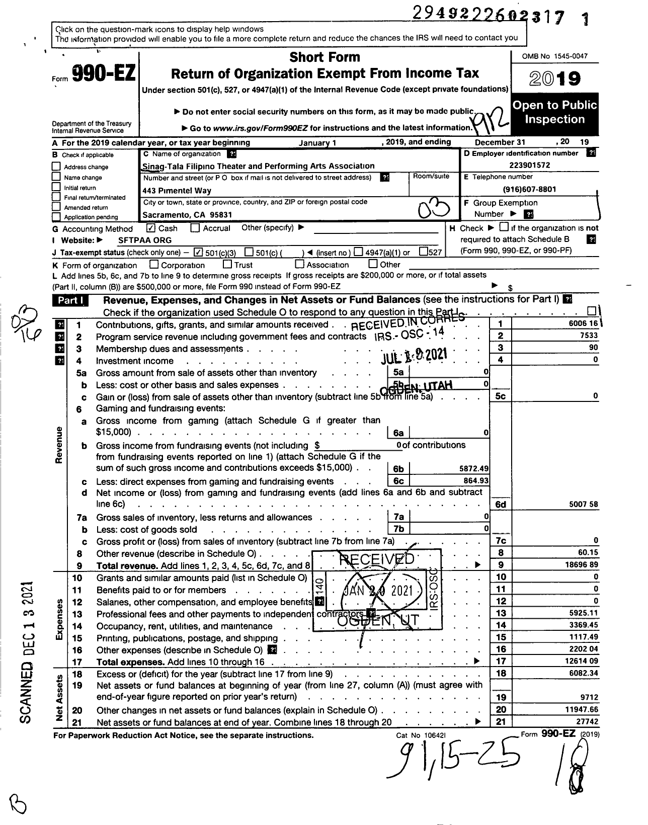 Image of first page of 2019 Form 990EZ for Sinag-Tala Filipino Theater and Performing Arts Association