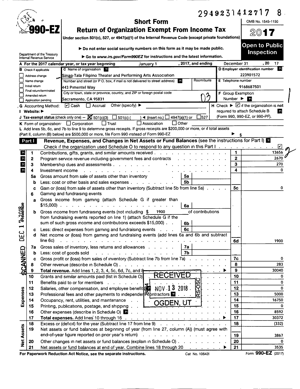 Image of first page of 2017 Form 990EZ for Sinag-Tala Filipino Theater and Performing Arts Association