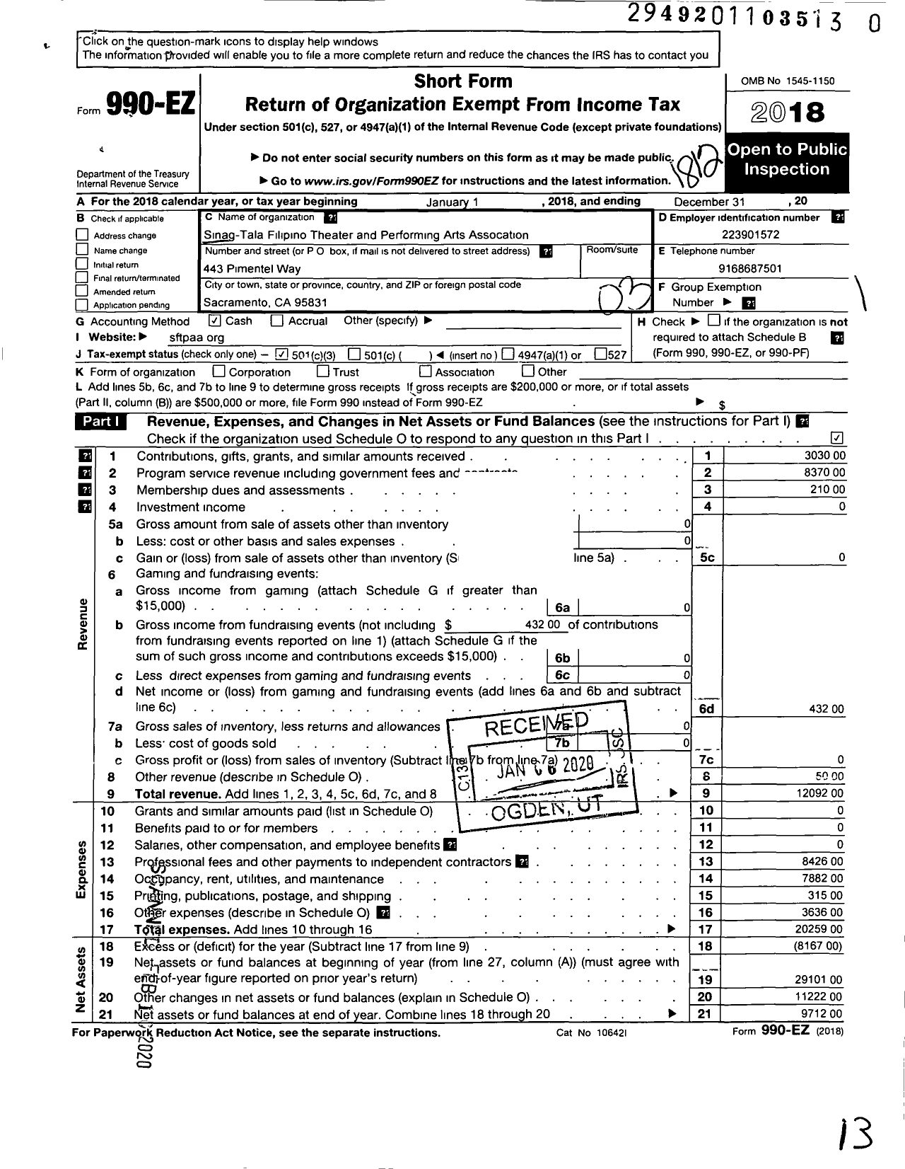 Image of first page of 2018 Form 990EZ for Sinag-Tala Filipino Theater and Performing Arts Association