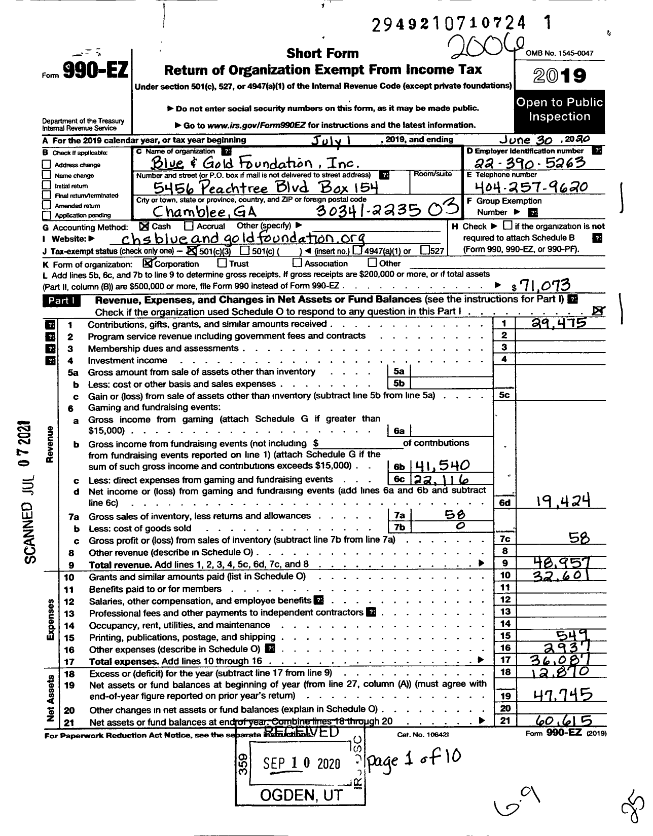 Image of first page of 2019 Form 990EZ for Blue and Gold Foundation