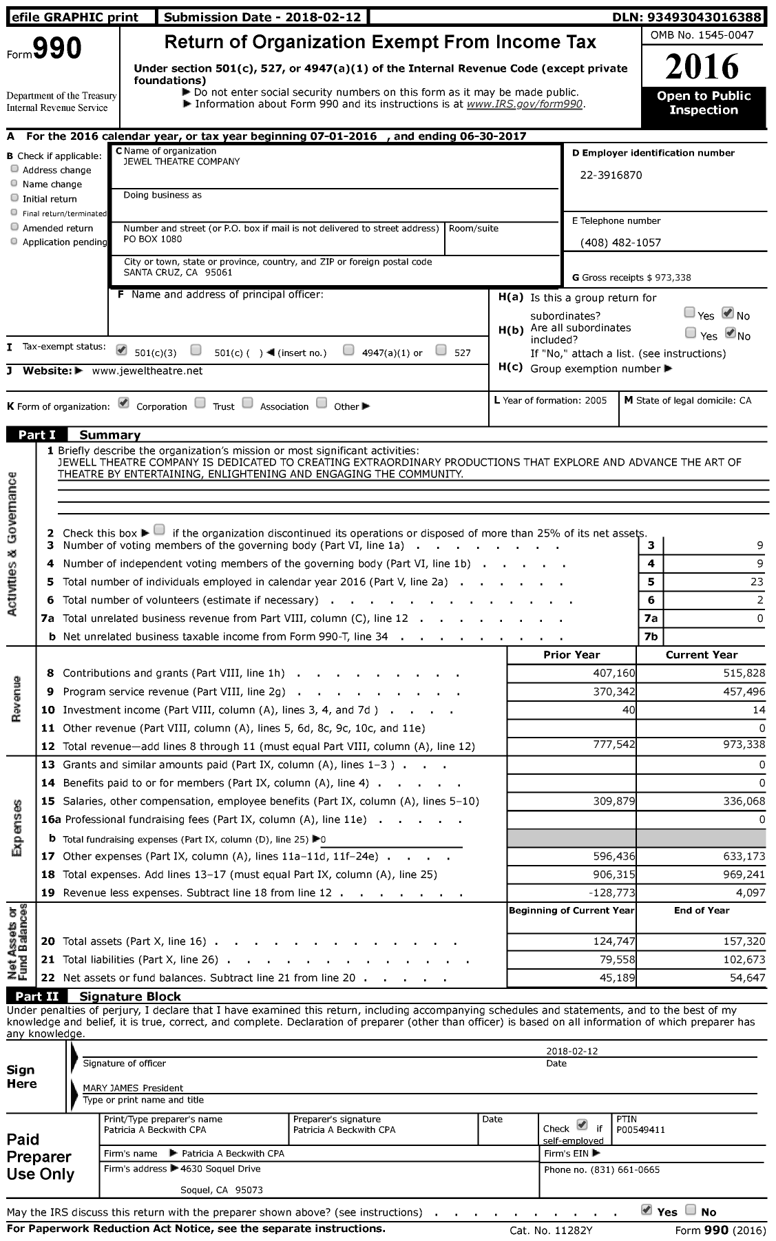 Image of first page of 2016 Form 990 for Jewel Theatre Company