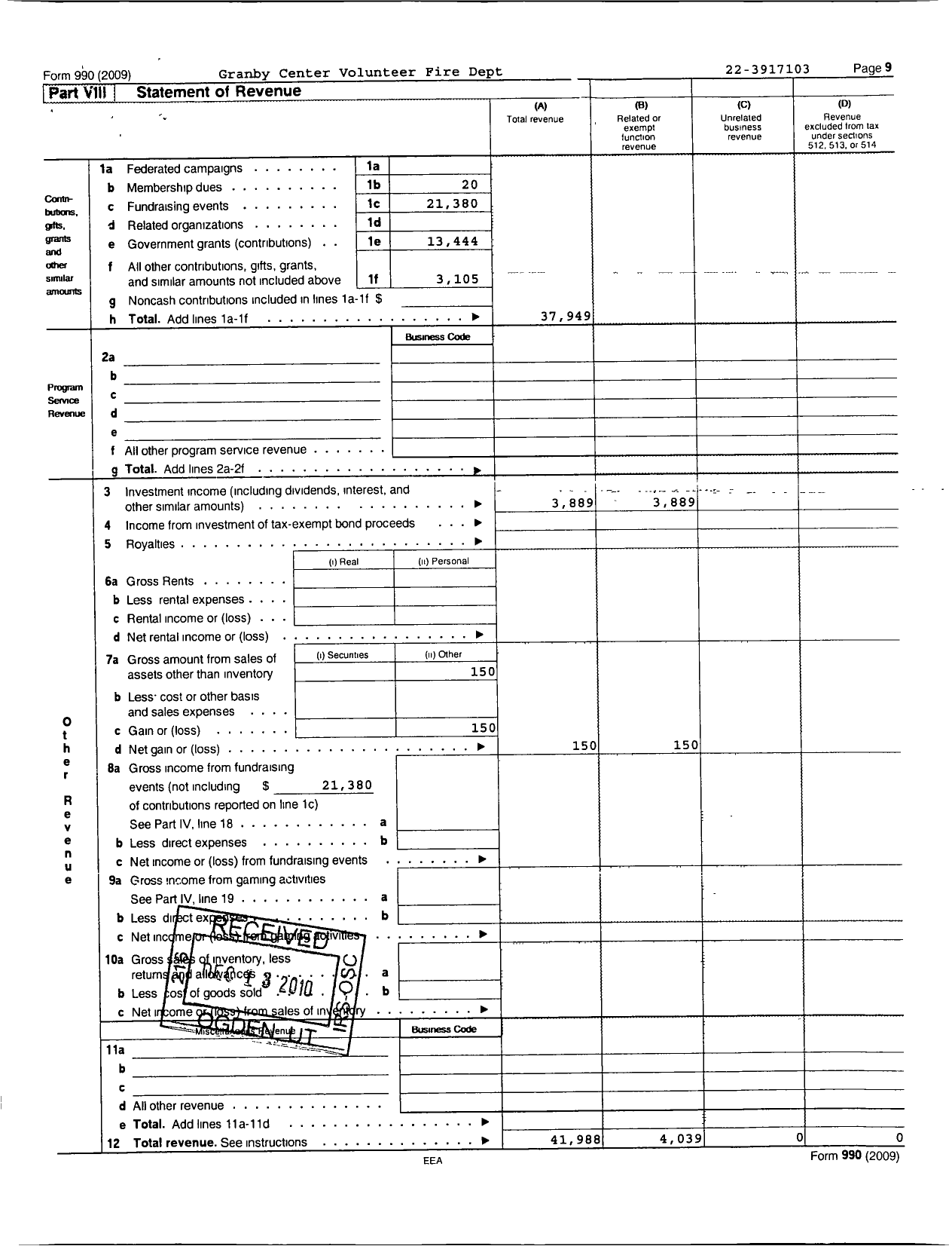 Image of first page of 2009 Form 990R for Granby Center Volunteer Fire Department