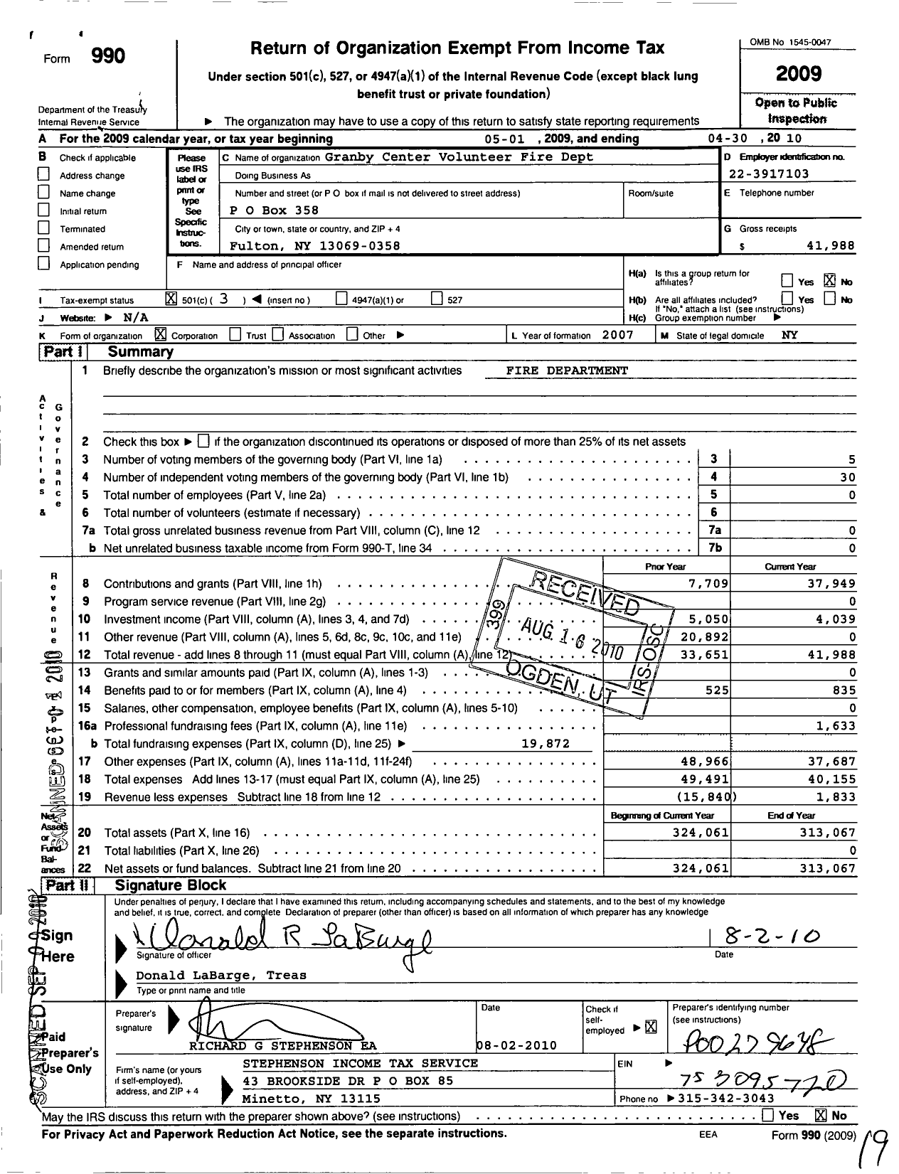 Image of first page of 2009 Form 990 for Granby Center Volunteer Fire Department