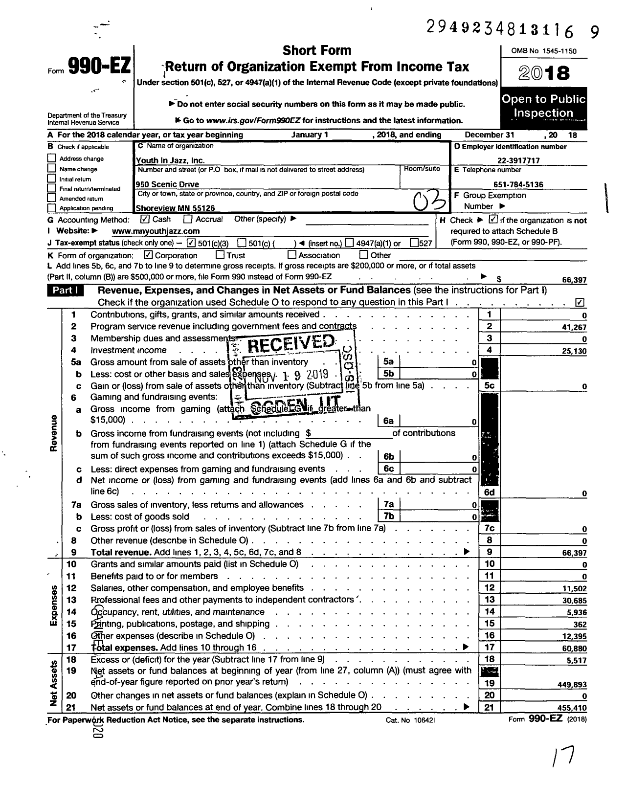 Image of first page of 2018 Form 990EZ for Youth in Jazz