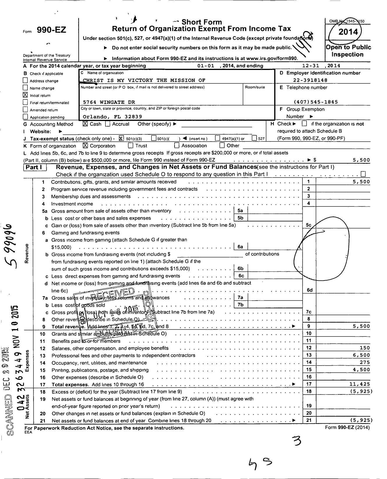 Image of first page of 2014 Form 990EZ for Christ Is My Victory the Mission of Compassion