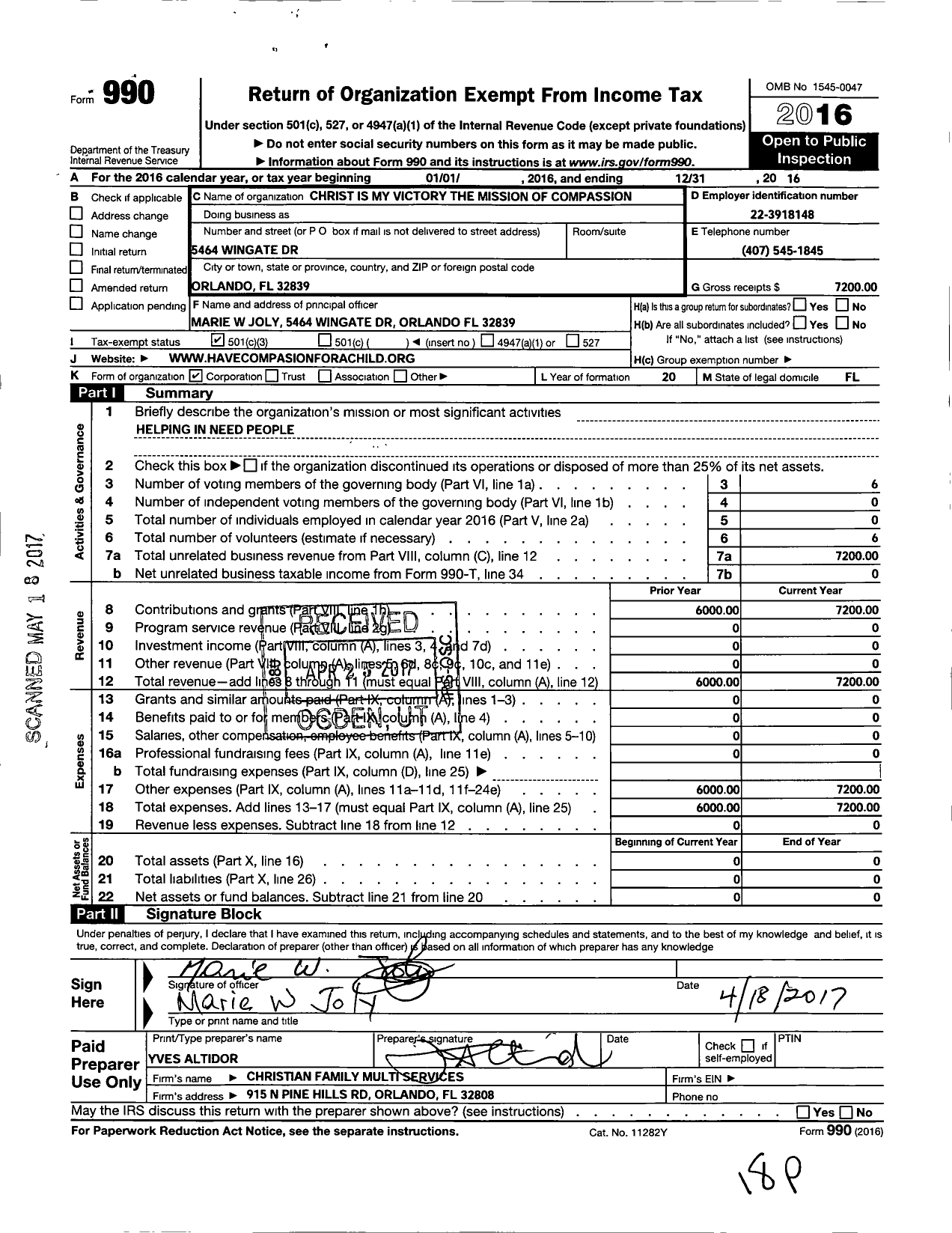 Image of first page of 2016 Form 990 for Christ Is My Victory the Mission of Compassion