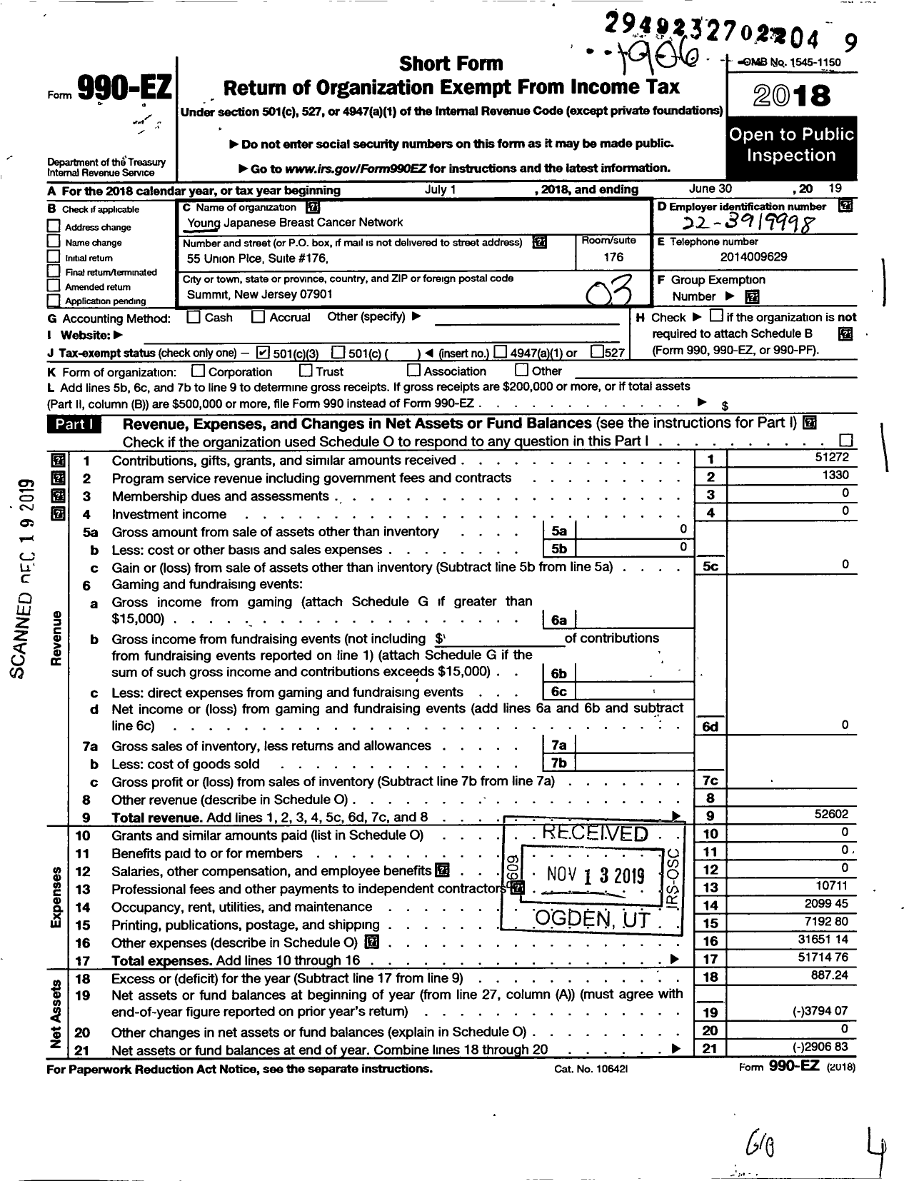 Image of first page of 2018 Form 990EZ for Young Japanese Breast Cancer Network