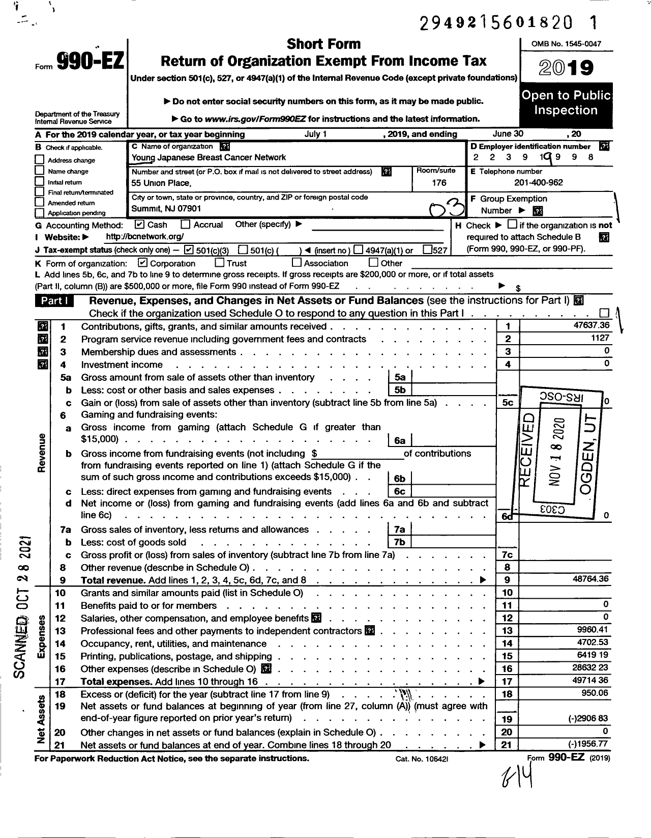 Image of first page of 2019 Form 990EZ for Young Japanese Breast Cancer Network