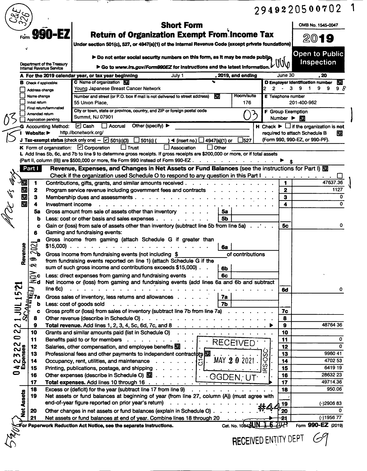 Image of first page of 2019 Form 990EZ for Young Japanese Breast Cancer Network