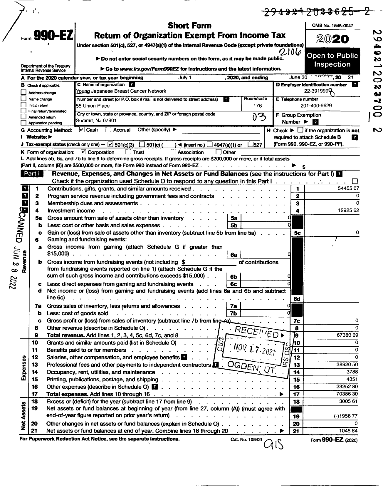 Image of first page of 2020 Form 990EZ for Young Japanese Breast Cancer Network