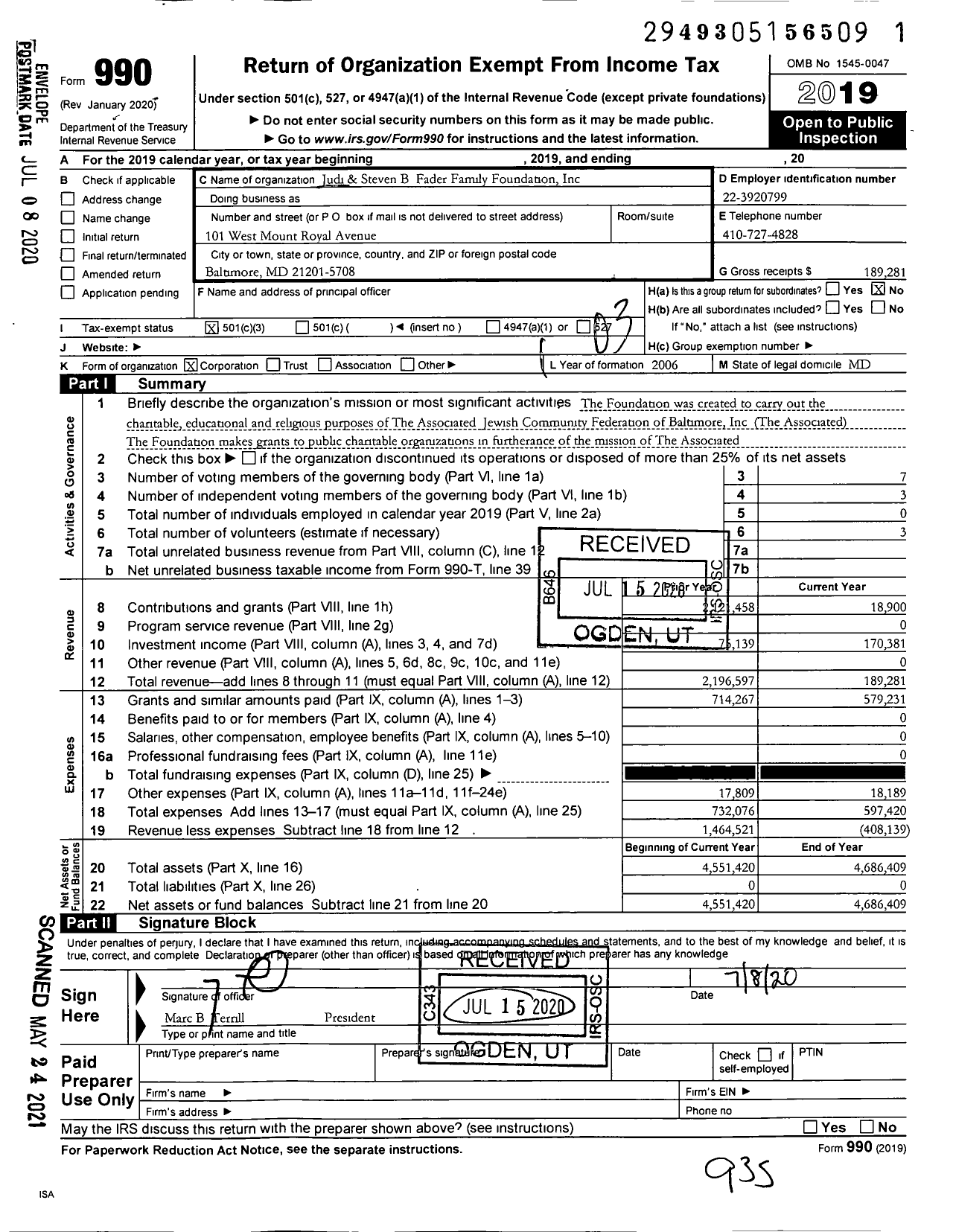 Image of first page of 2019 Form 990 for Judi and Steven B Fader Family Foundation