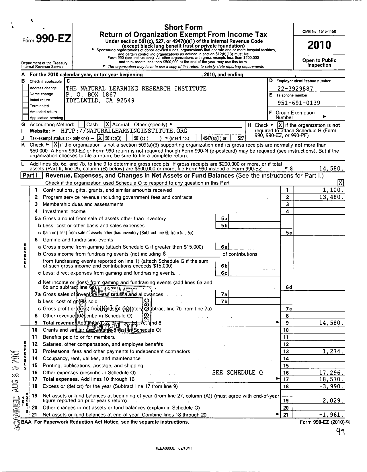 Image of first page of 2010 Form 990EZ for Thenatuallearningresearchinstitute