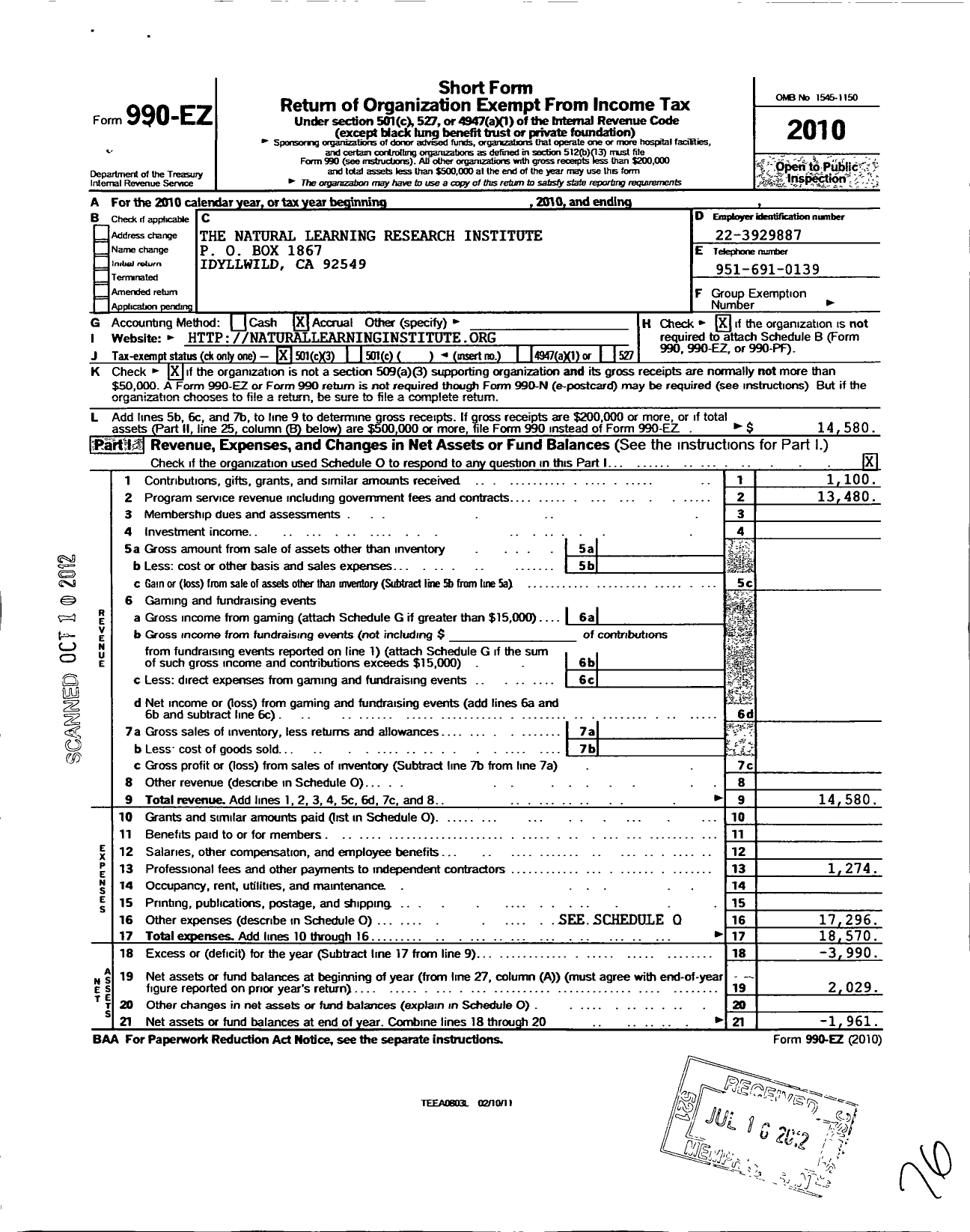 Image of first page of 2010 Form 990EZ for Thenatuallearningresearchinstitute