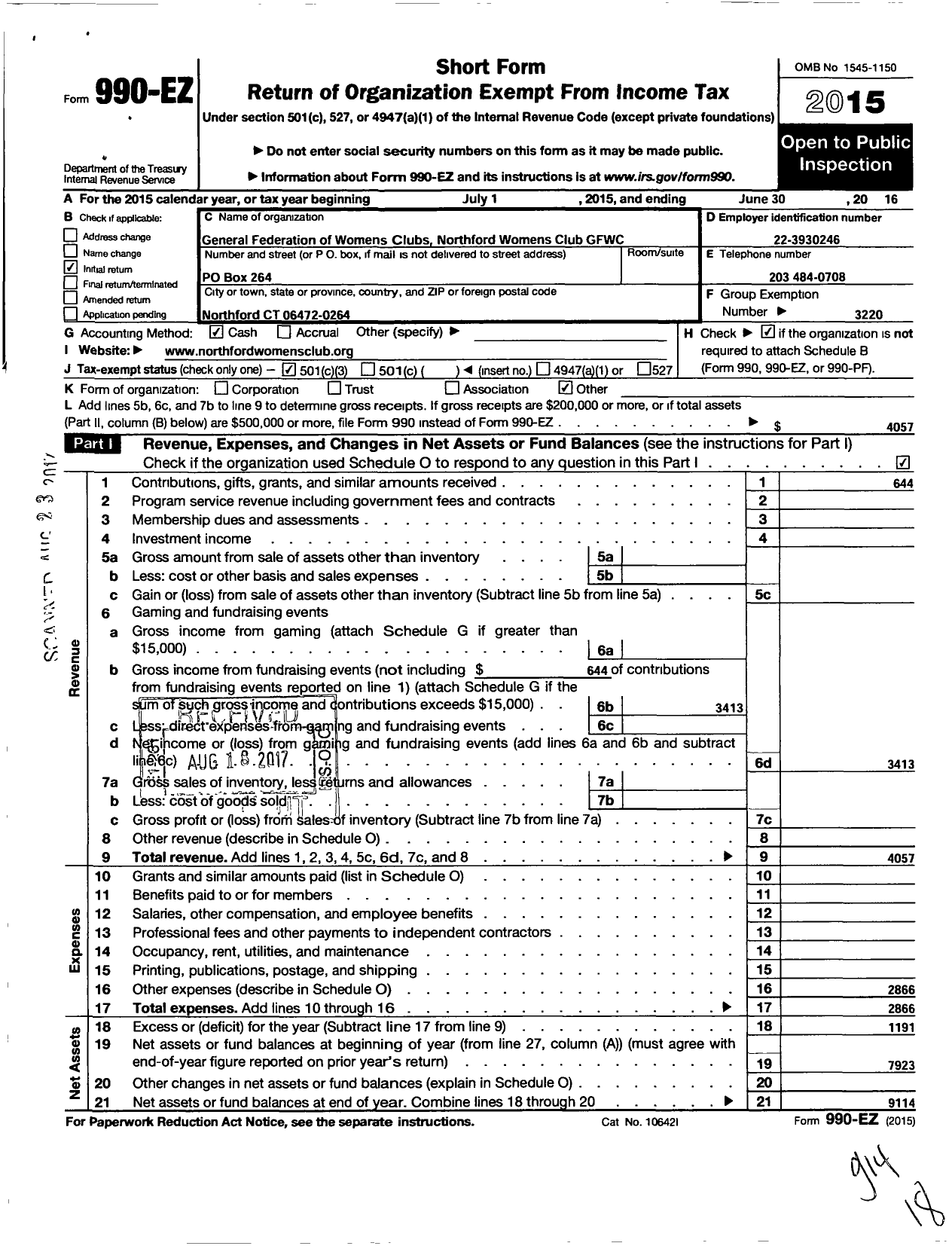 Image of first page of 2015 Form 990EZ for Northford-North Branford Womens Club GFWC