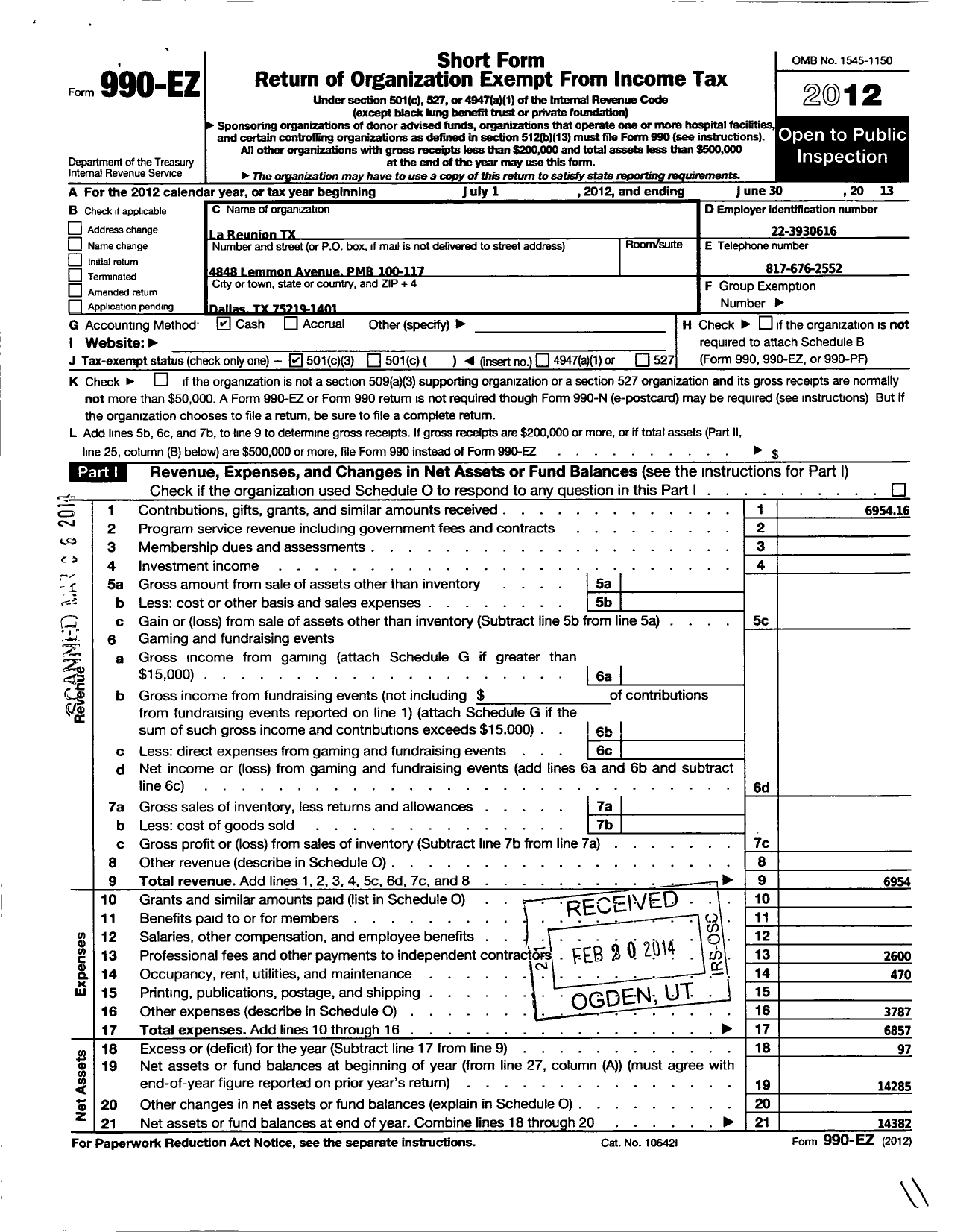 Image of first page of 2012 Form 990EZ for La Reunion TX