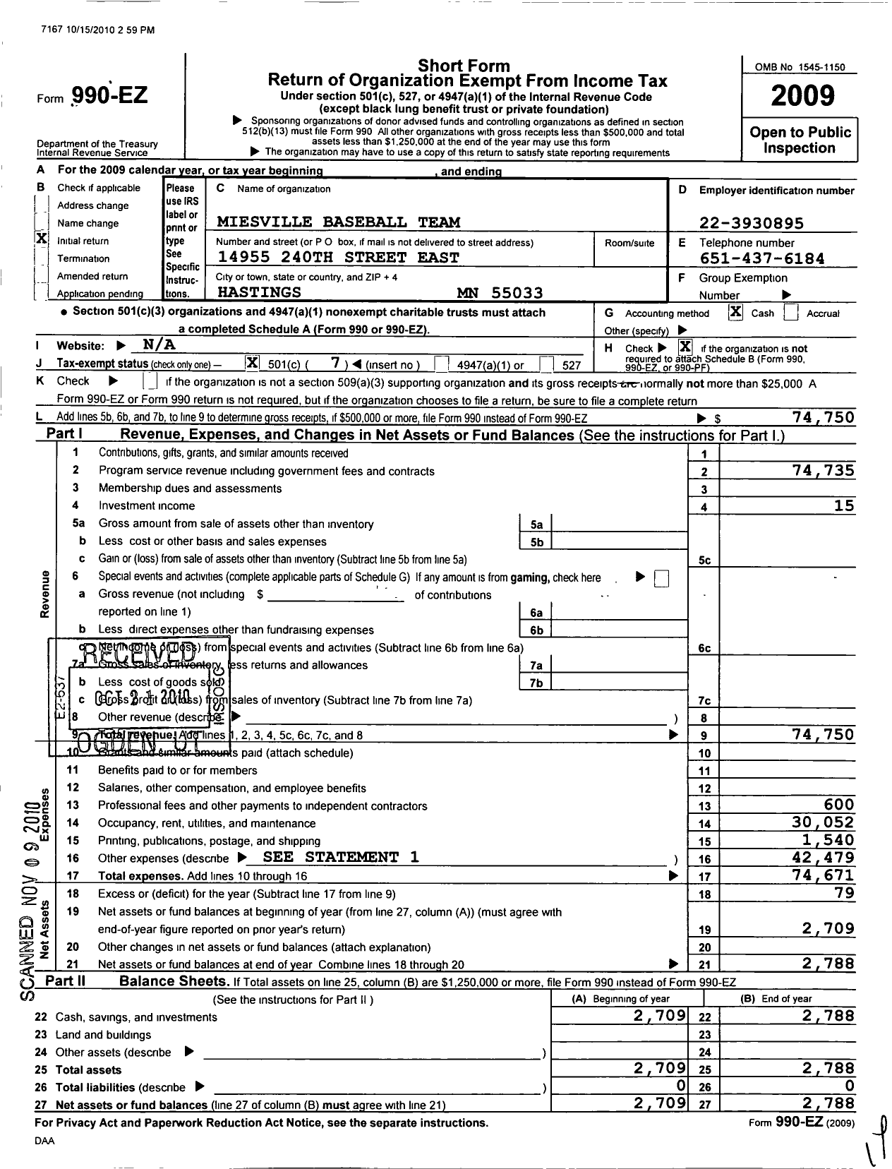 Image of first page of 2009 Form 990EO for Miesville Baseball Club