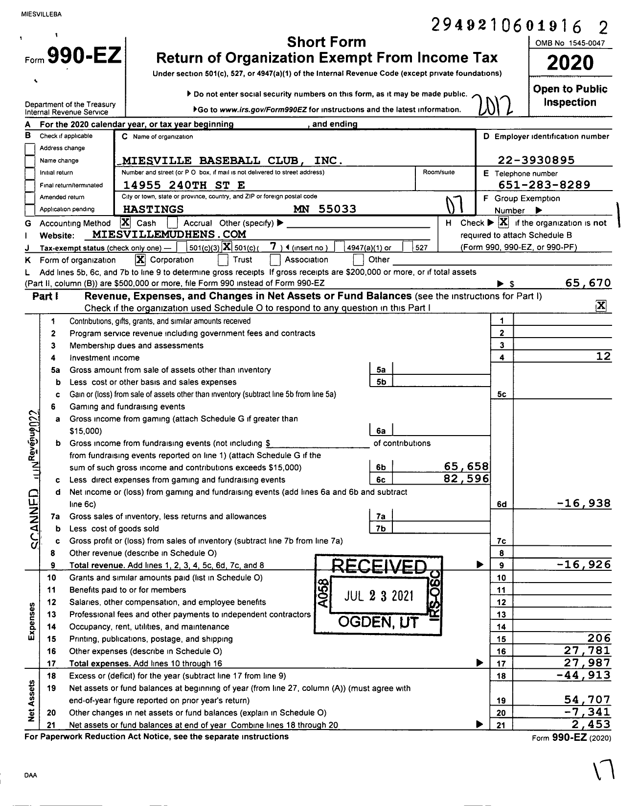 Image of first page of 2020 Form 990EO for Miesville Baseball Club