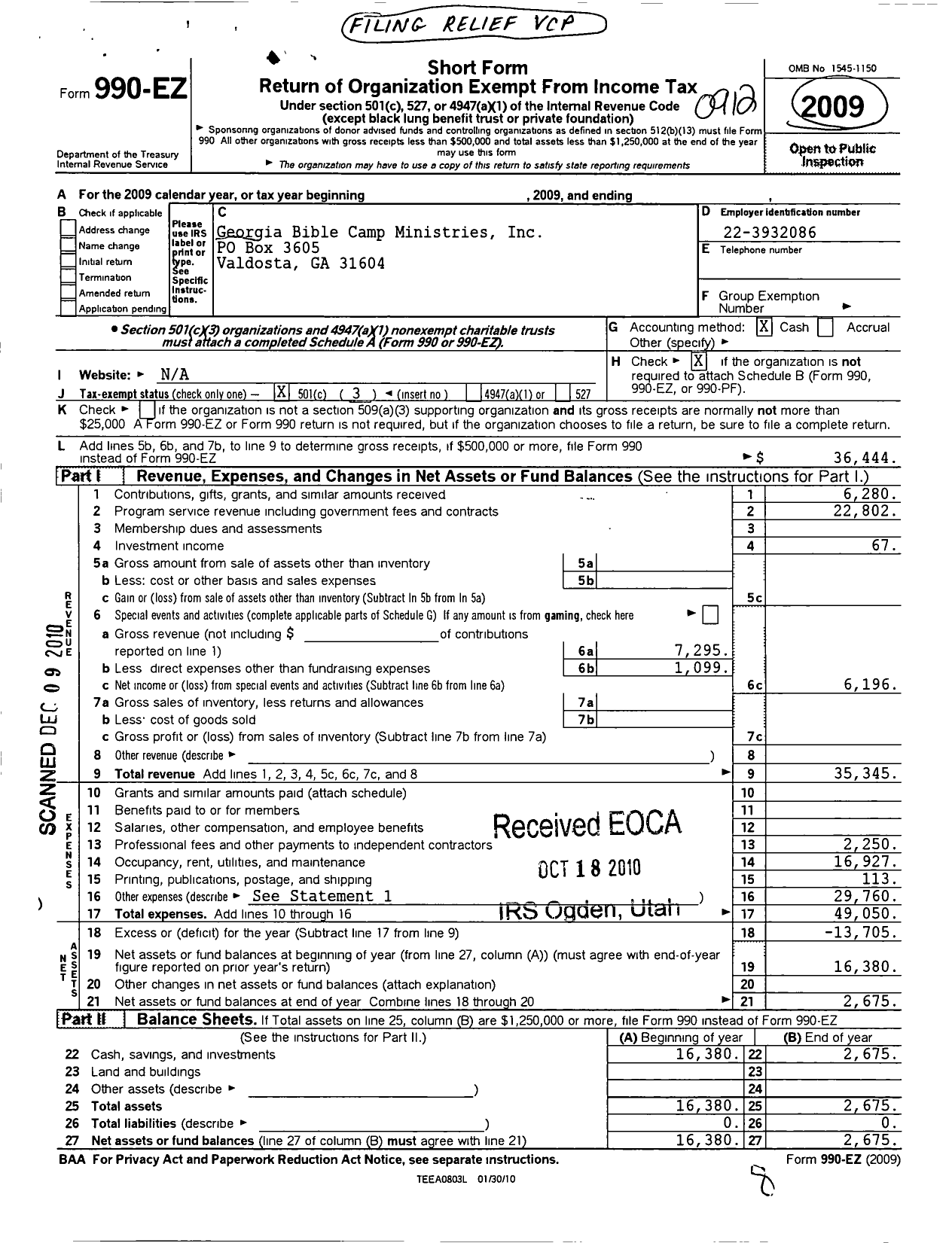 Image of first page of 2009 Form 990EZ for Georgia Bible Camp