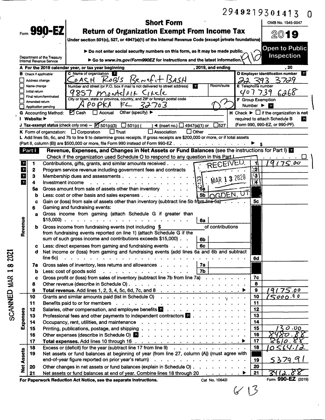 Image of first page of 2019 Form 990EZ for Coach Robs Benefit Bash